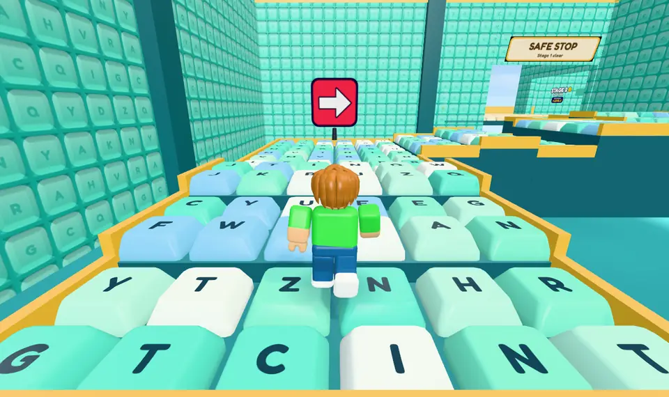 Stage 1, First Keys: a runner on rows of mint keys that step up and down, heading for a red arrow at the corner, with the safe stop beyond