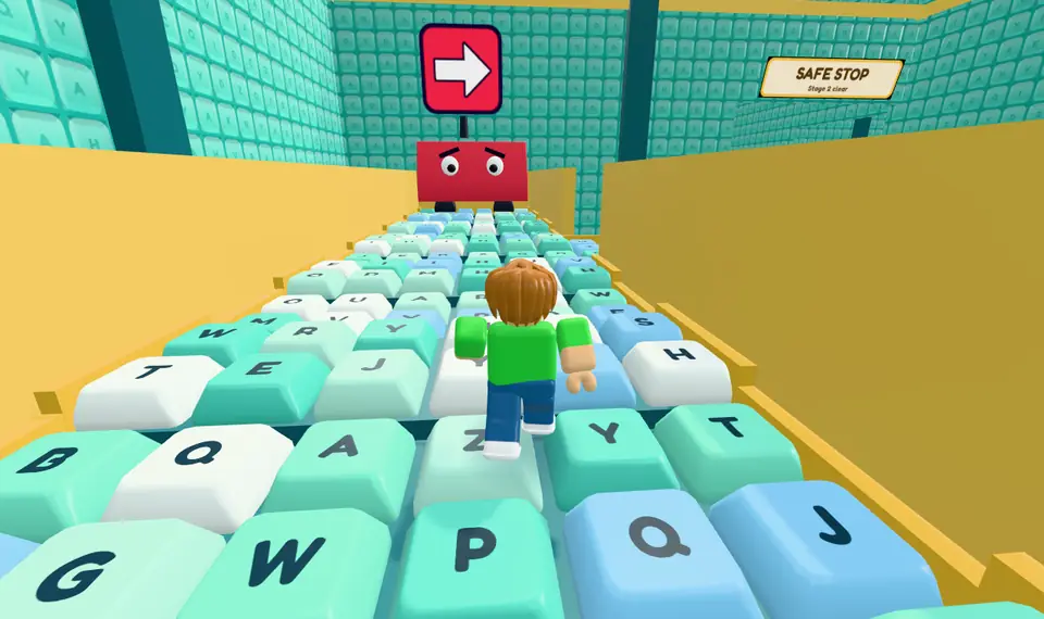 Stage 2, Delete Dash: the giant red DEL key with angry eyes at the far end of a bumpy key hall, under a red arrow pointing to the way out