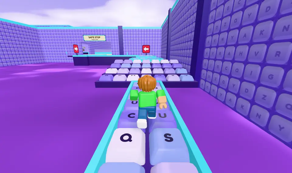 Stage 5, Caps Lock Rails: a narrow two-key rail over violet ink leading to a bridge of purple CAPS keys