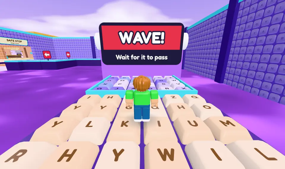 Stage 6, Tide Hall: a runner waits on cream keys under a red WAVE! sign at the start of a long key hall