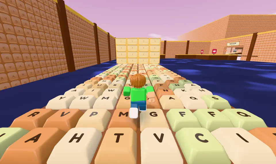 Stage 7, Insert Sprint: a sprint hall of typewriter keys over dark blue ink, with a door of yellow keys across it