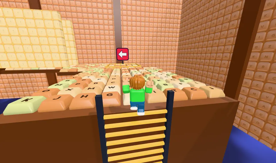 Stage 8, Kick Shaft: the runner at the top of a yellow ladder on a typewriter key tower, with a red turn arrow ahead