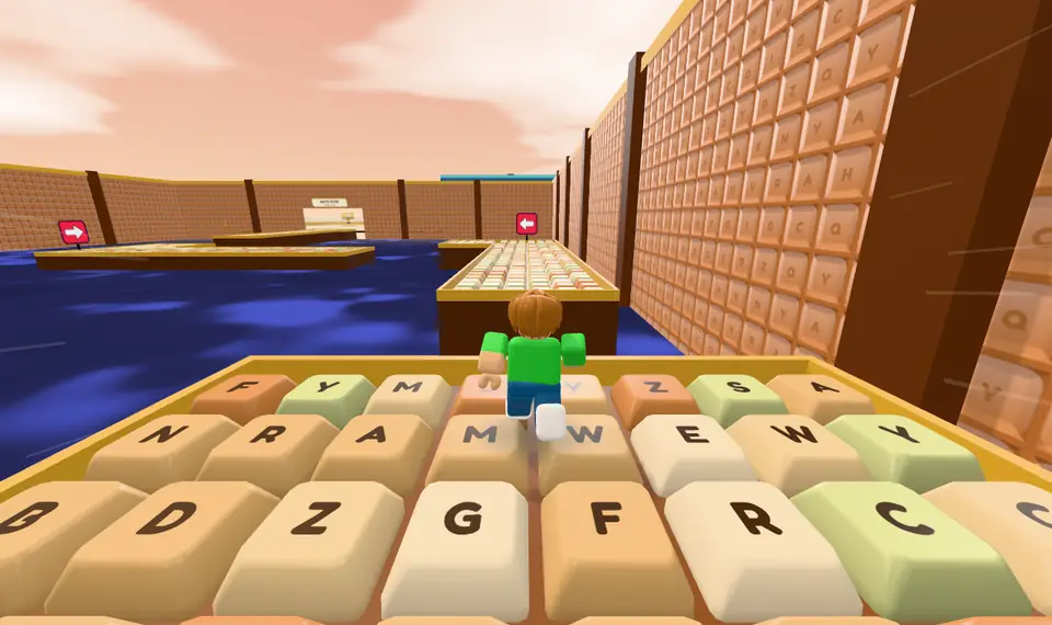 Stage 9, Keyboard Lake: keyboards standing at different heights in a dark blue lake, with red turn arrows