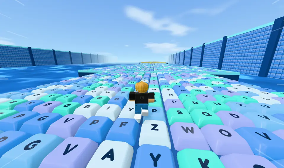Stage 10, Spacebar Plain: a runner crossing a very wide plain of blue and mint keys between key walls