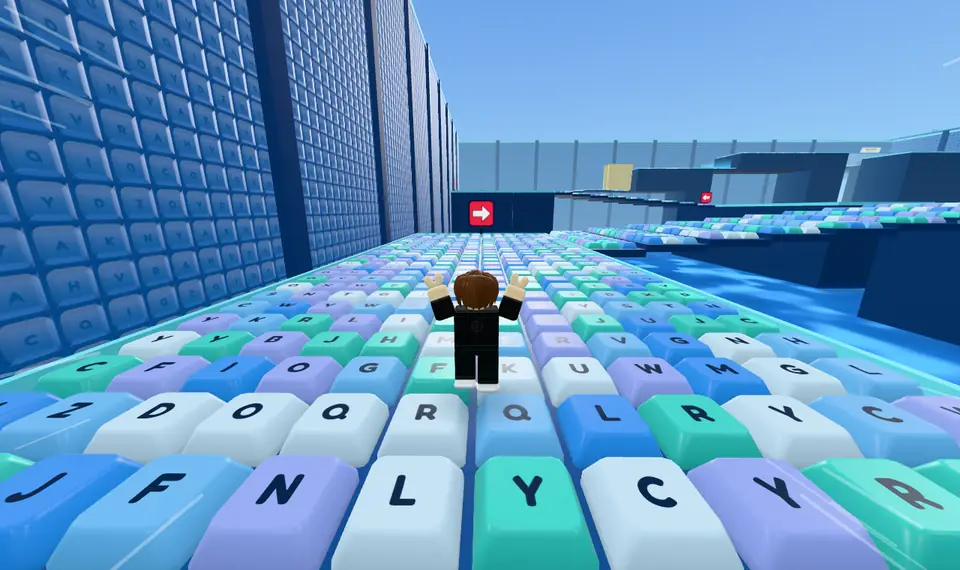 Stage 11, Escape Tower: a runner on a flight of key stairs, with the next flight and a red turn arrow beyond