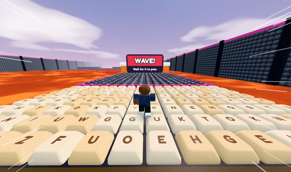 Stage 14, Function Hall: a runner waits on cream keys under a red WAVE! sign at the start of a long dark key hall