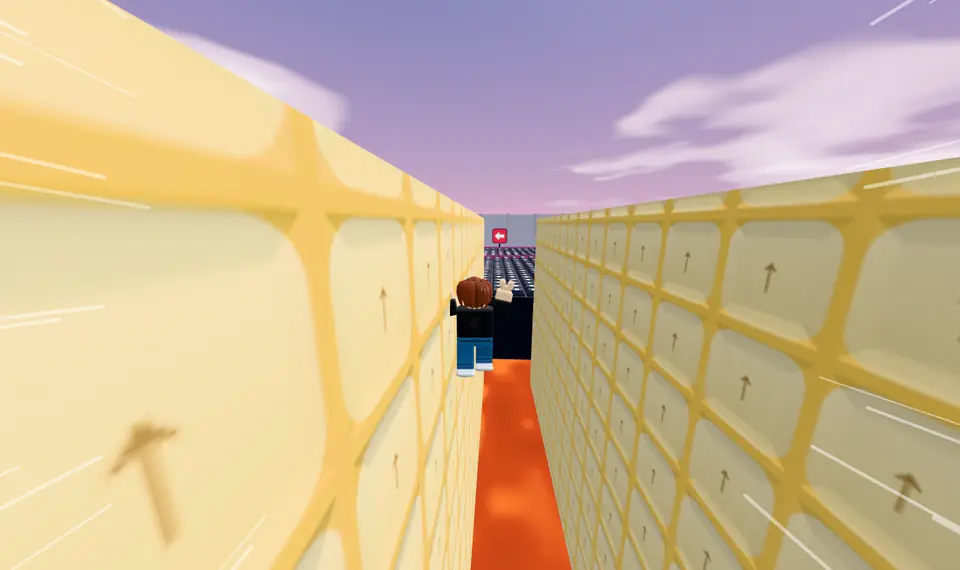 Stage 15, The Grand Enter: a runner between the two yellow kick walls of a wall-kick gauntlet over an orange sea